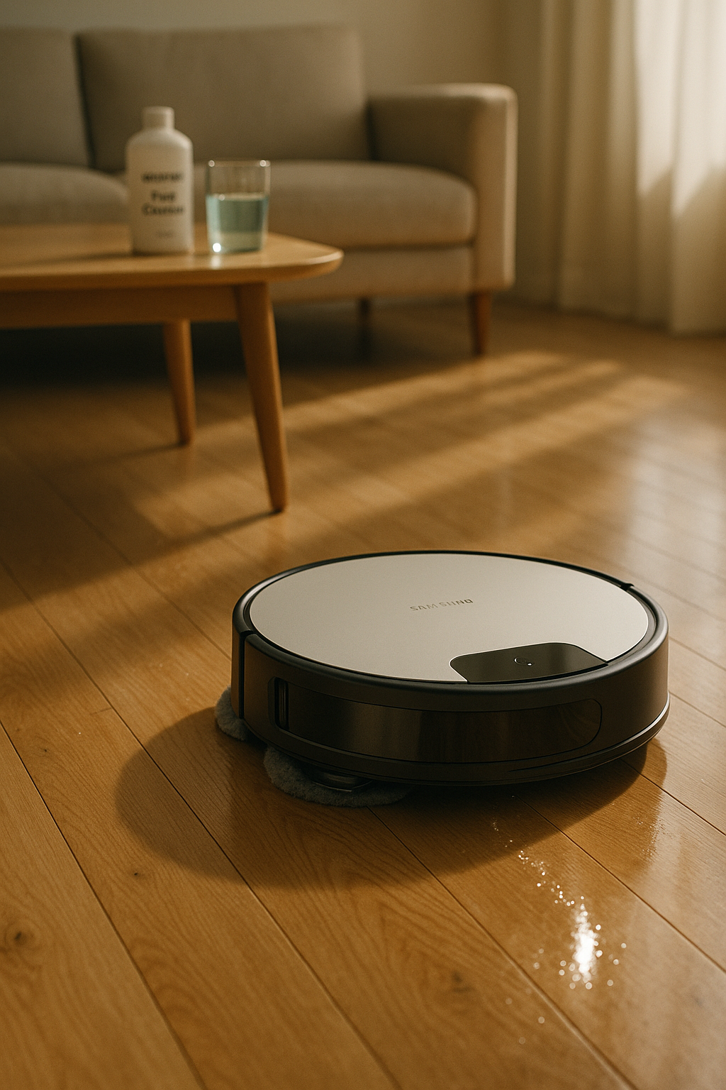 거실 바닥을 청소 중인 삼성 로봇청소기와 테이블 위 홈백신 세제