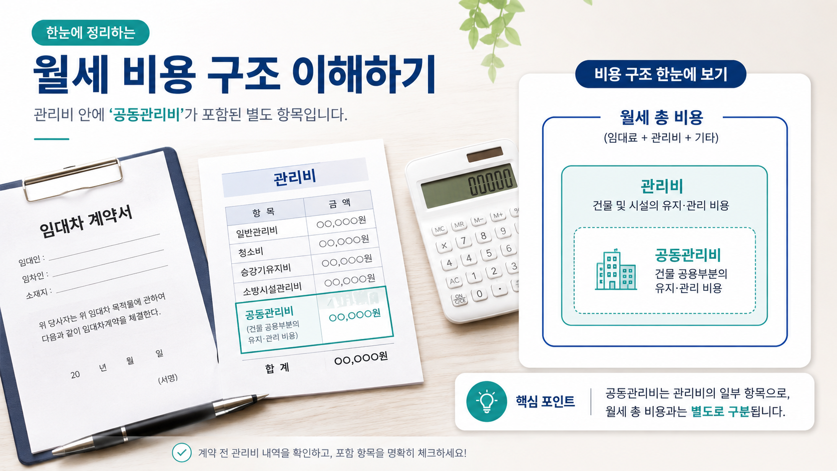 원룸 임대차 계약서에서 관리비와 공동관리비 구조를 확인하는 안내 이미지