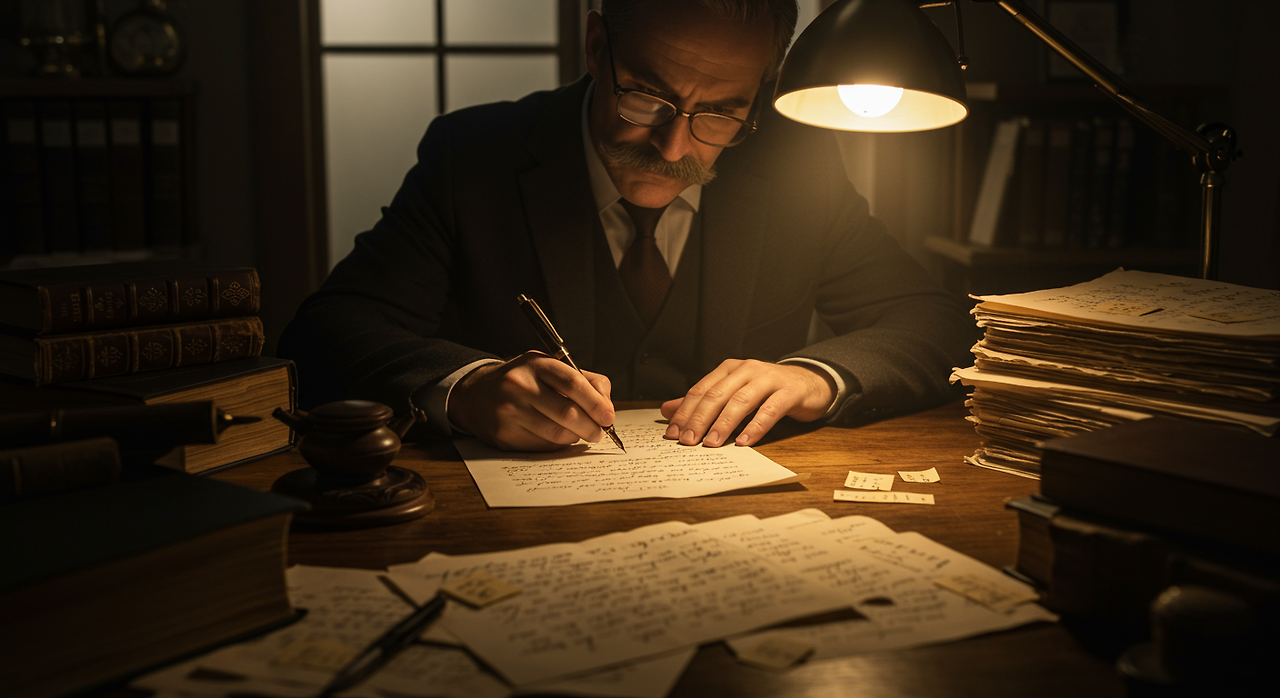 책상 위에서 참조 자료와 함께 손으로 적고 있는 법률 문서 클로즈업