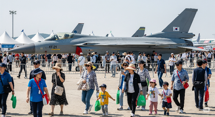 전시된 한국형 전투기 KF-21 보라매 앞을 지나는 활기찬 분위기의 관람객들