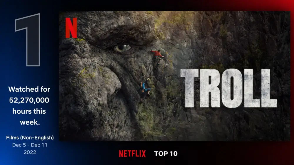 트롤의 얼굴에 등반하는 사람이 있는 트롤의 습격 포스터