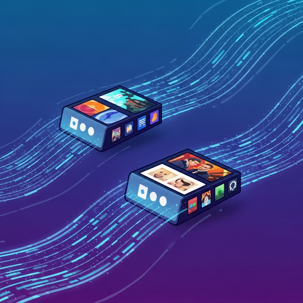 넷플릭스와 워너 브라더스의 콘텐츠가 하나의 플랫폼으로 통합되는 모습을 시각화한 디지털 일러스트. 다양한 콘텐츠 아이콘들이 넷플릭스 로고로 흡수되는 네트워크를 보여줍니다.4