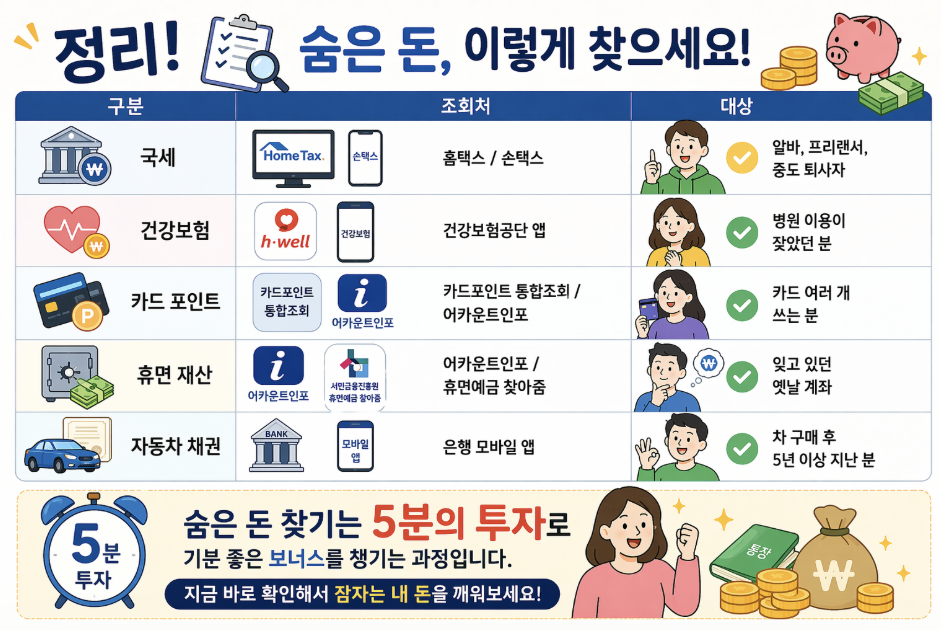 숨은 돈 찾기 조회 방법 국세 환급금 건강보험 카드포인트 휴면예금 자동차채권 정리