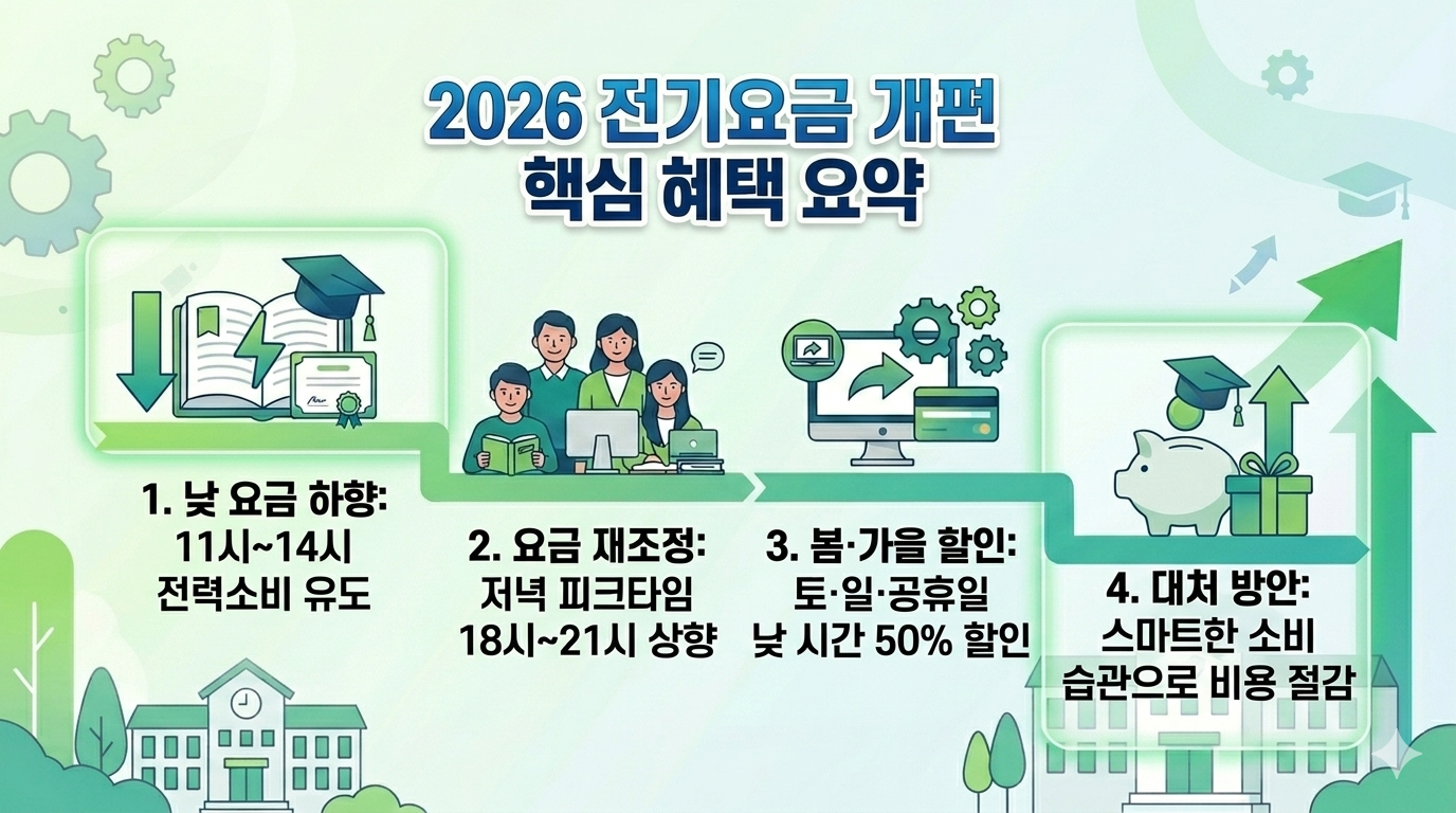 전기요금 개편 핵심 혜택 요약 이미지, 봄&middot; 가을 주말 낮 시간 50% 할인 및 스마트한 소비 습관 대처 방안