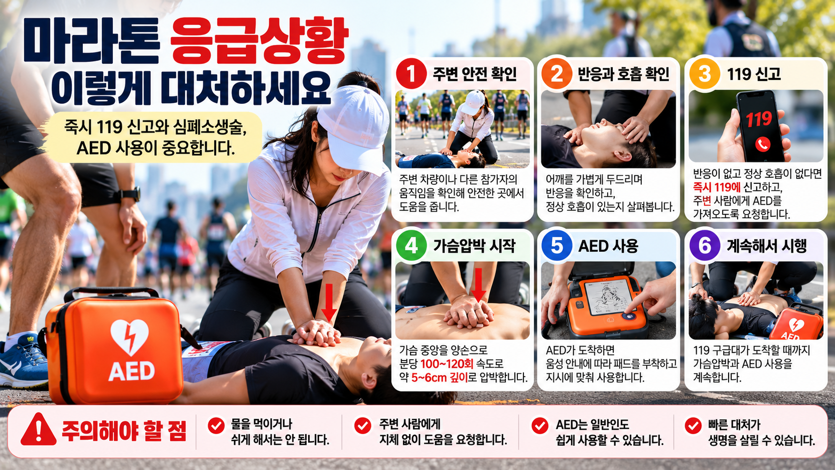 마라톤 중 심정지 의심 환자 발생 시 119 신고, 심폐소생술 가슴압박 및 자동심장충격기 AED 사용 순서 안내
