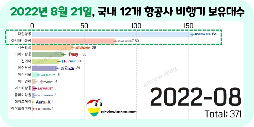 한국-항공사-비행기-대수-대형항공사-표시-가로막대-그래프