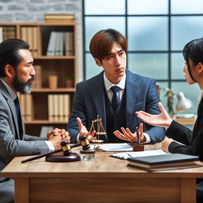 분쟁조정사가 갈등중인 두사람 사이에서 중재하고 있다.