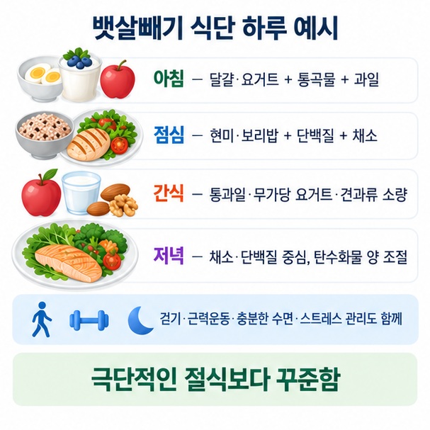 아침 점심 간식 저녁의 균형 잡힌 식사 예시와 걷기 근력운동 충분한 수면 스트레스 관리를 함께 정리한 이미지