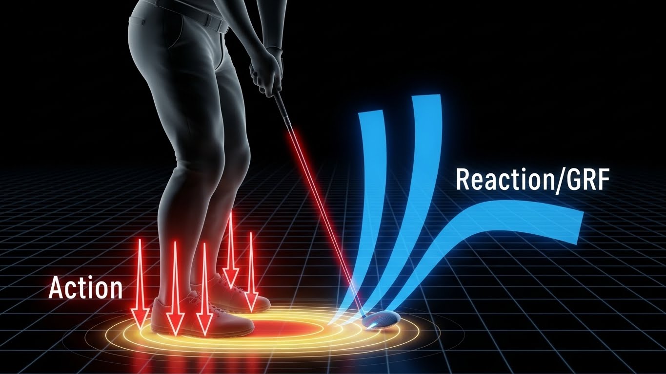 골프 스윙 바이오메카닉스 분석 임팩트 순간 지면 반력(GRF) 벡터 시각화 이미지