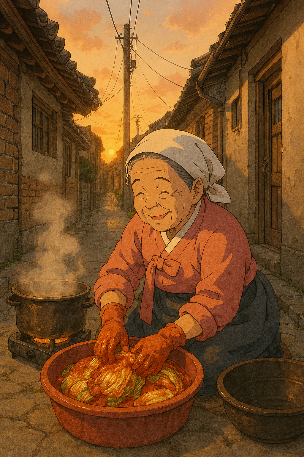 서울 골목에서 김장을 담그는 한국 할머니, 따뜻한 노을빛과 김이 나는 냄비, 지브리 스타일 일러스트