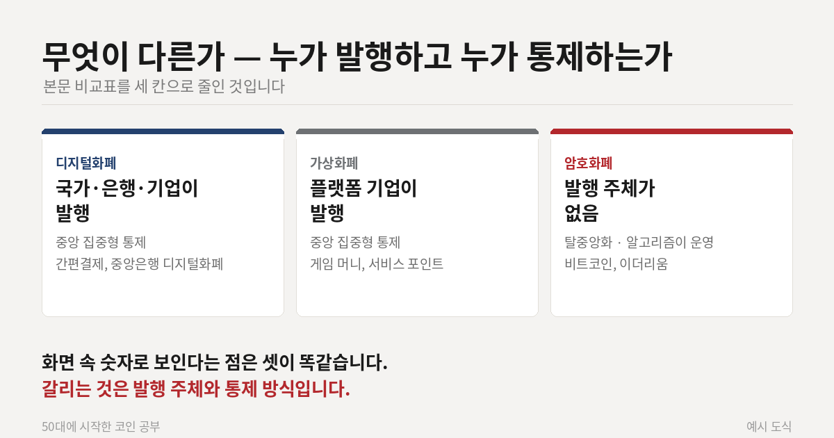 디지털화폐·가상화폐·암호화폐의 발행 주체와 운영 방식 비교