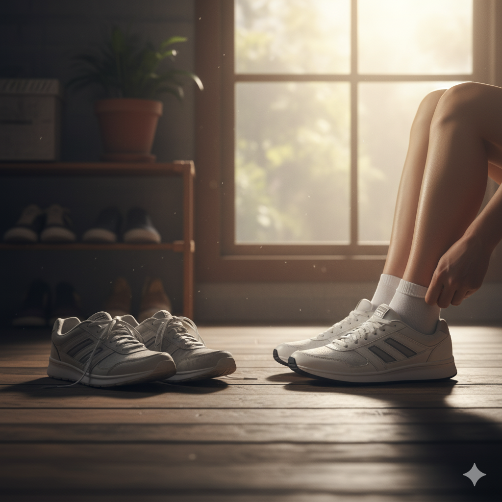 현관 구석의 낡은 운동화와 햇살 드는 창가의 새 운동화가 대비되는 모습.