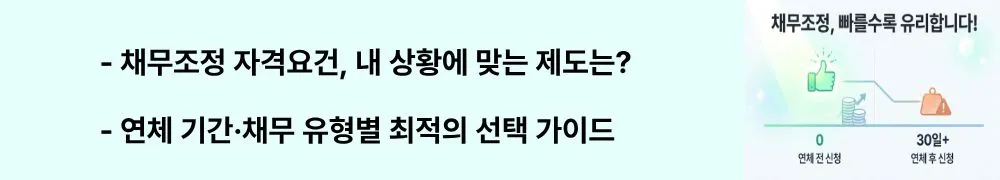 "채무조정 자격요건, 내 상황에 맞는 제도는? / 연체 기간·채무 유형별 최적의 선택 가이드"라는 문구가 포함된 웹배너 이미지. 이 이미지는 연체 기간과 채무 유형에 따른 채무조정 제도 선택 기준을 시각적으로 전달하며, 블로그의 채무조정 자격요건 및 상황별 선택 포인트와 관련된 내용을 설명함.