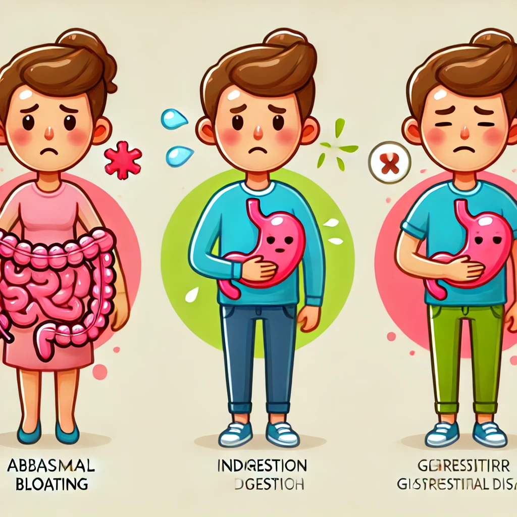 복부 팽만감과 위장 질환, 소화불량의 차이를 이미지로 표현한 것