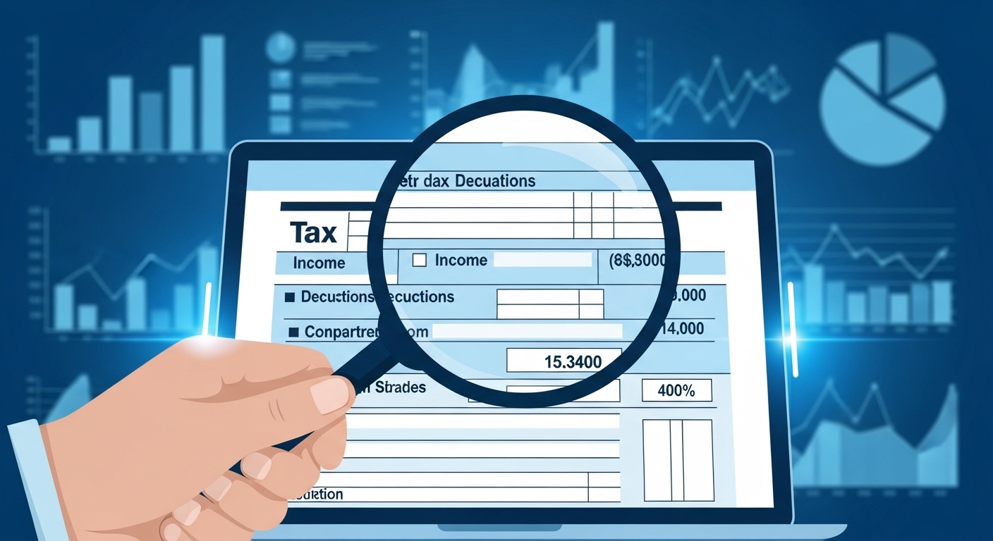 돋보기를 들고 노트북 화면의 연말정산 서류를 꼼꼼히 확인하며 스마트하게 절세 전략을 세우는 모습을 상징하는 이미지