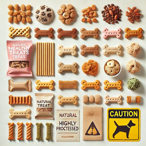 하얀 배경 위에 자연 간식과 가공 간식이 함께 놓인 강아지 간식 구성품, 옆에 경고 표식이 놓인 전문 스튜디오 촬영 사진 (텍스트 없음)