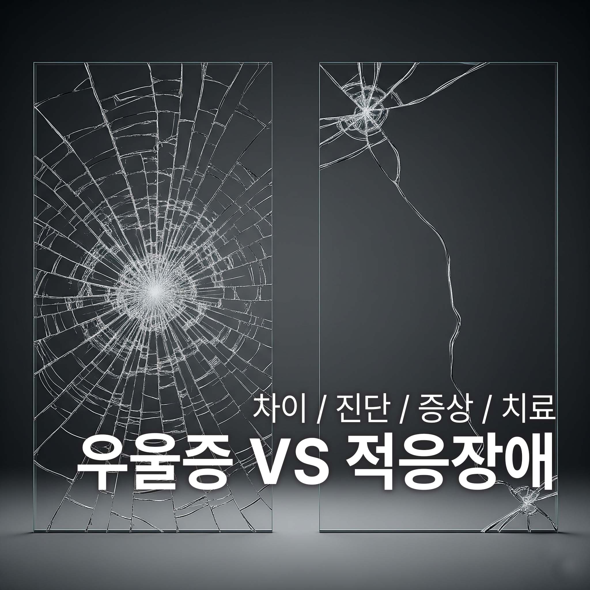 완전히 산산조각 난 유리 즉 우울증과 금만 간 유리 즉 적응장애를 대비시켜, 문제의 심각성이나 회복 가능성에서 오는 차이를 시각적으로 보여주는 이미지