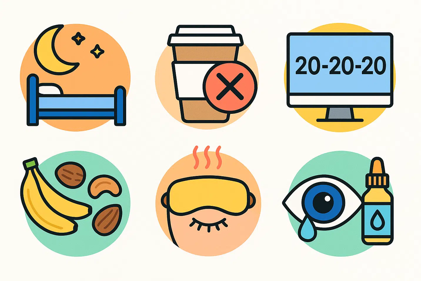 숙면, 카페인 줄이기, 전자기기 사용 시 20-20-20 법칙, 마그네슘·칼륨 풍부한 음식, 눈 주변 온찜질, 인공눈물