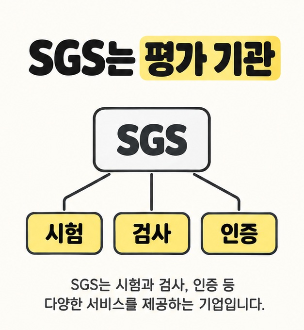 SGS는 평가 기관이라는 제목 아래 SGS에서 시험, 검사, 인증의 세 서비스로 선이 갈라지는 분류 도식