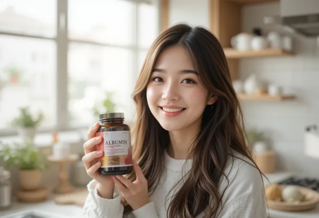 식탁 위에서 알부민 병을 들고 미소 짓는 모습