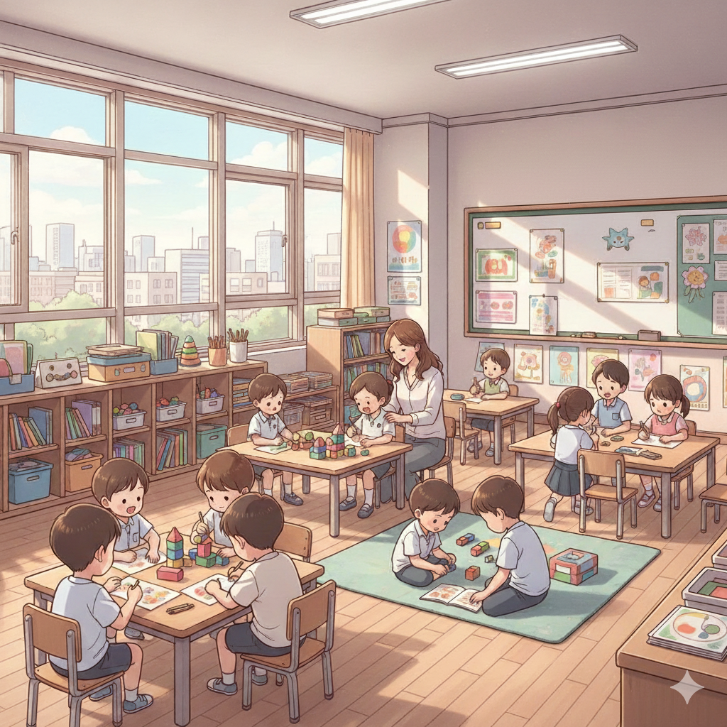 방과 후에 아이들이 초등 돌봄 선생님과 함께 있는 모습