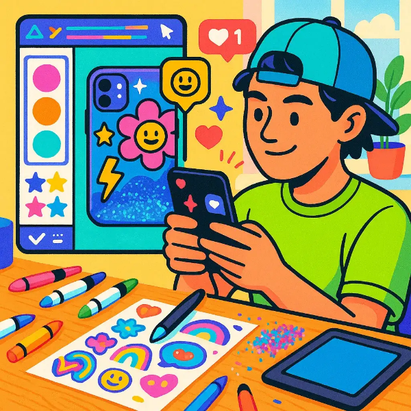 색연필, 스티커, 태블릿과 함께 창의적으로 커스터마이징된 일러스트 장면