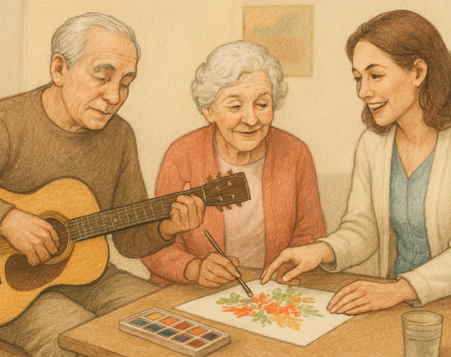 노인들 음악치료와 그림치료를 하는 모습