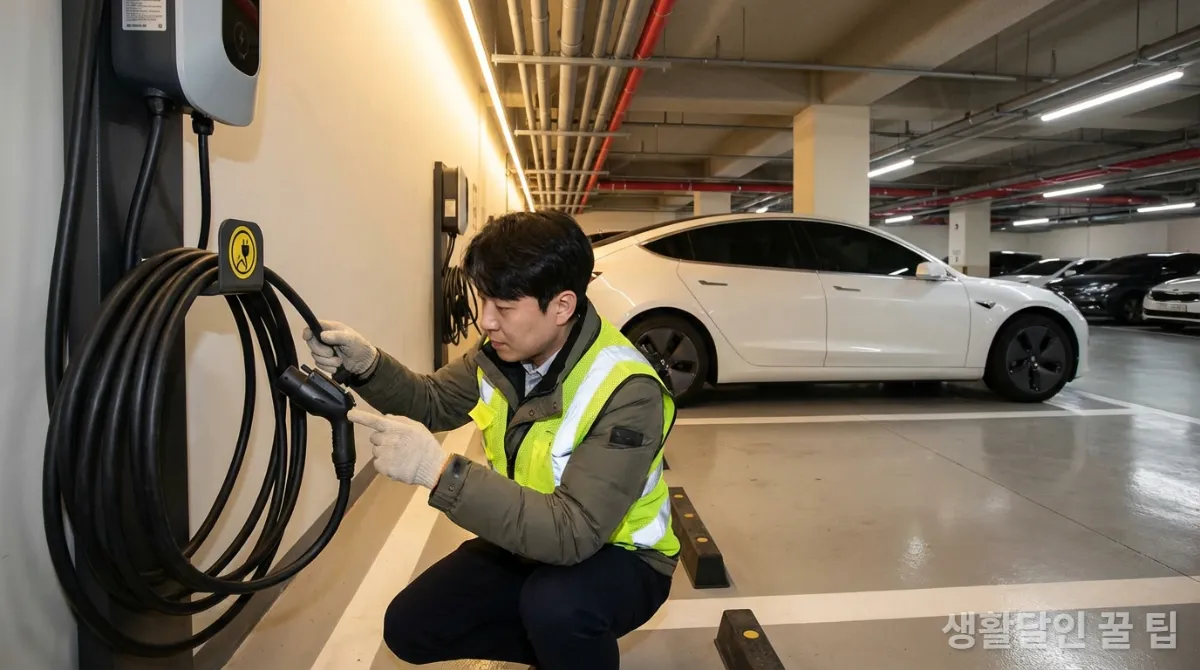 아파트에서 전기차 충전 시 안전 수칙을 준수하는 모습