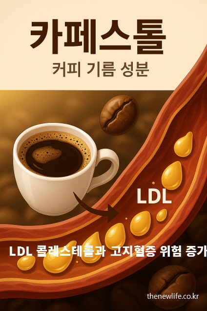 커피 속 카페스톨이 혈관 벽에 LDL 콜레스테롤을 쌓이게 하는 과정을 표현한 일러스트