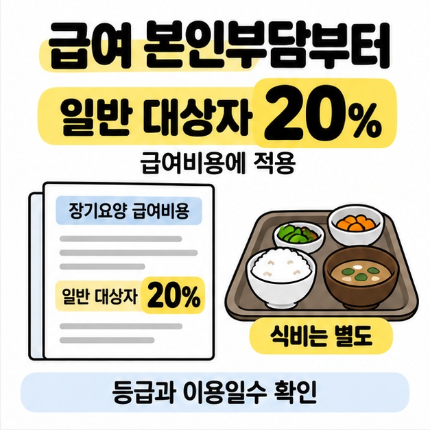 장기요양 급여비용에 일반 대상자 본인부담률 20%가 적용된다는 안내와 식비는 별도라는 식사 그림을 보여 주고 등급과 이용일수를 확인하라고 설명한 그림