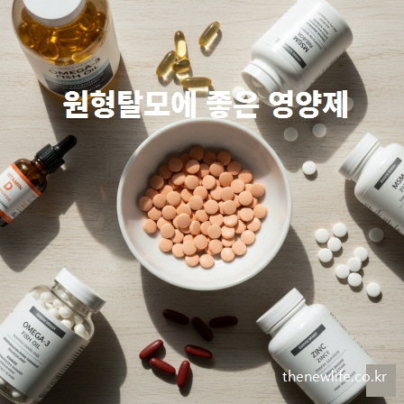 원형탈모에 좋은 영양제 이미지 – 비오틴, MSM, 비타민 D, 아연, 오메가3 등 모발 건강에 도움이 되는 영양제가 정갈하게 배치된 사진