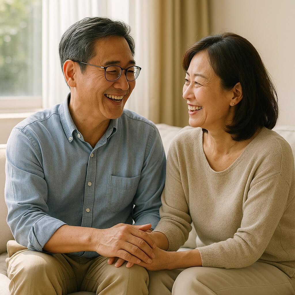 중년 남성이 자연광이 들어오는 거실에서 아내와 함께 소파에 앉아 웃으며 이야기 나누는 모습. 따뜻한 분위기, 실사 스타일, 정사각형 구도