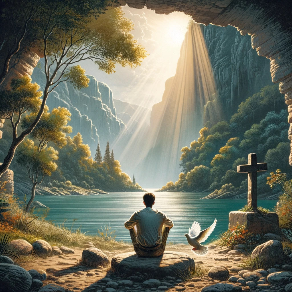 the illustrations to reflect a life of humility and entrusting worries to Jesus&amp;#44; focusing on conveying His presence. The scene aims to evoke tranquility&amp;#44; faith&amp;#44; and divine care.