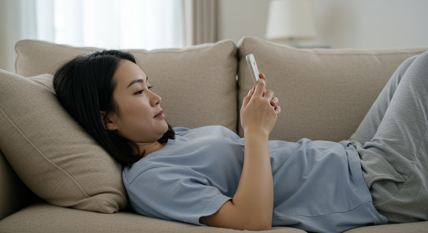 쇼파에 누워 휴대폰하는 여성