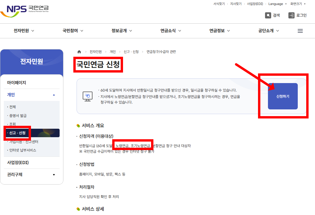 국민연금공단 홈페이지 내 전자민원 서비스의 노령연금 및 조기노령연금 신청하기 화면 가이드