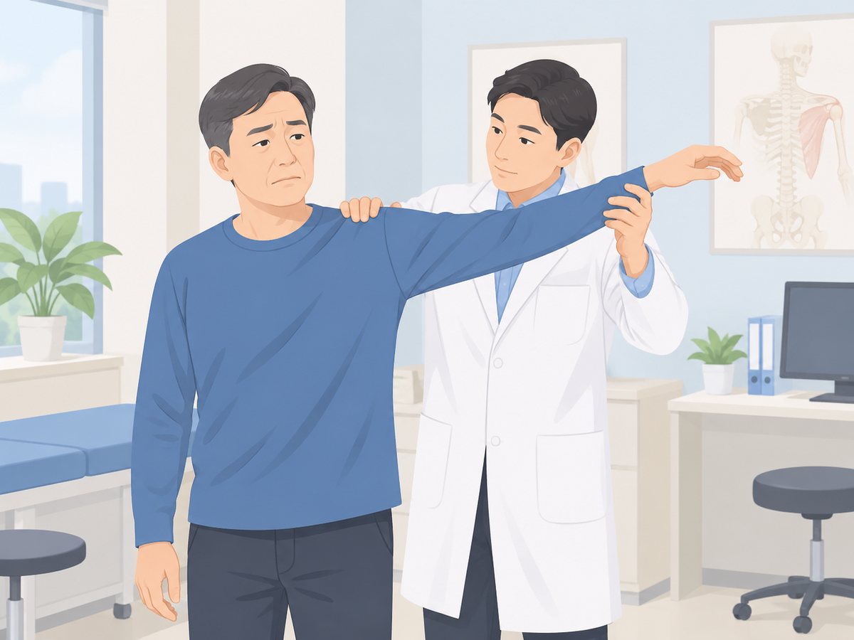 진료실에서 의사가 중년 남성의 팔을 옆으로 들어 올리며 어깨 움직임을 진찰하는 장면