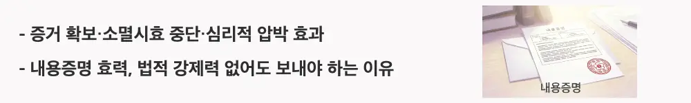 내용증명 작성법: '증거 확보&middot;소멸시효 중단&middot;심리적 압박 효과 / 내용증명 효력, 법적 강제력 없어도 보내야 하는 이유'라는 문구가 포함된 웹배너 이미지. 이 이미지는 내용증명을 반드시 발송해야 하는 3가지 실질적 이유를 시각적으로 전달하며, 블로그의 내용증명 효력과 관련된 내용을 설명함
