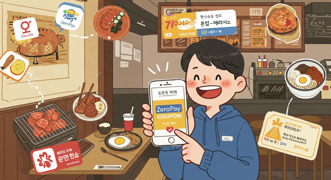 음식점에서 모바일 소비쿠폰을 사용하는 손님의 삽화