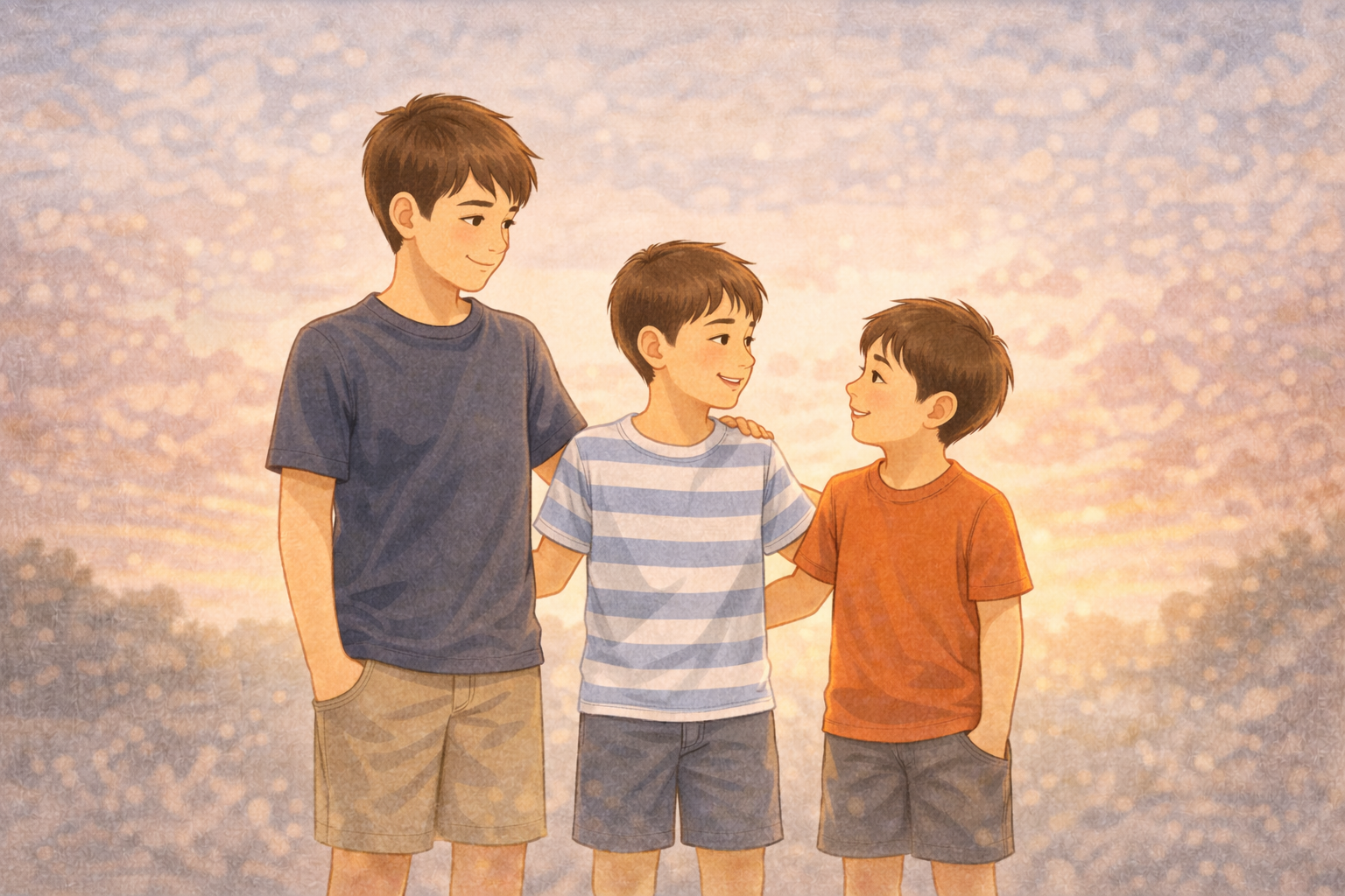 서로 다른 형제 순서를 가진 세 아이가 나란히 서서 서로를 바라보는 모습, 아들러 형제순위 이론에서 말하는 가족 안의 심리적 자리와 관계의 균형을 표현한 심리 일러스트