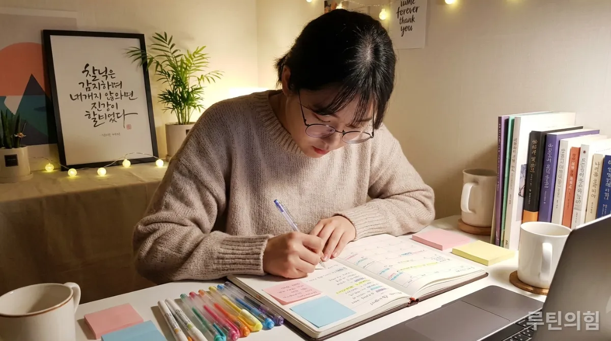 한국 학생이 자신만의 공부 루틴을 계획하고 기록하는 모습
