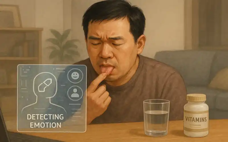 혀 통증으로 불편함을 느끼는 40대 중년 남성의 모습, 구강 건강 이상 신호를 표현한 장면