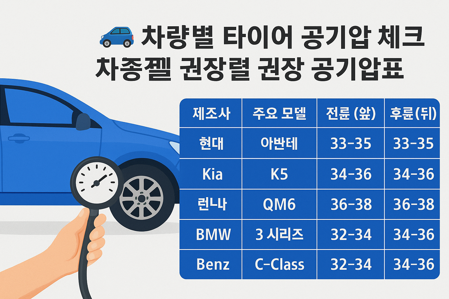 차량별타이어공기압체크 문구와 간략한 공기압 표시 이미지