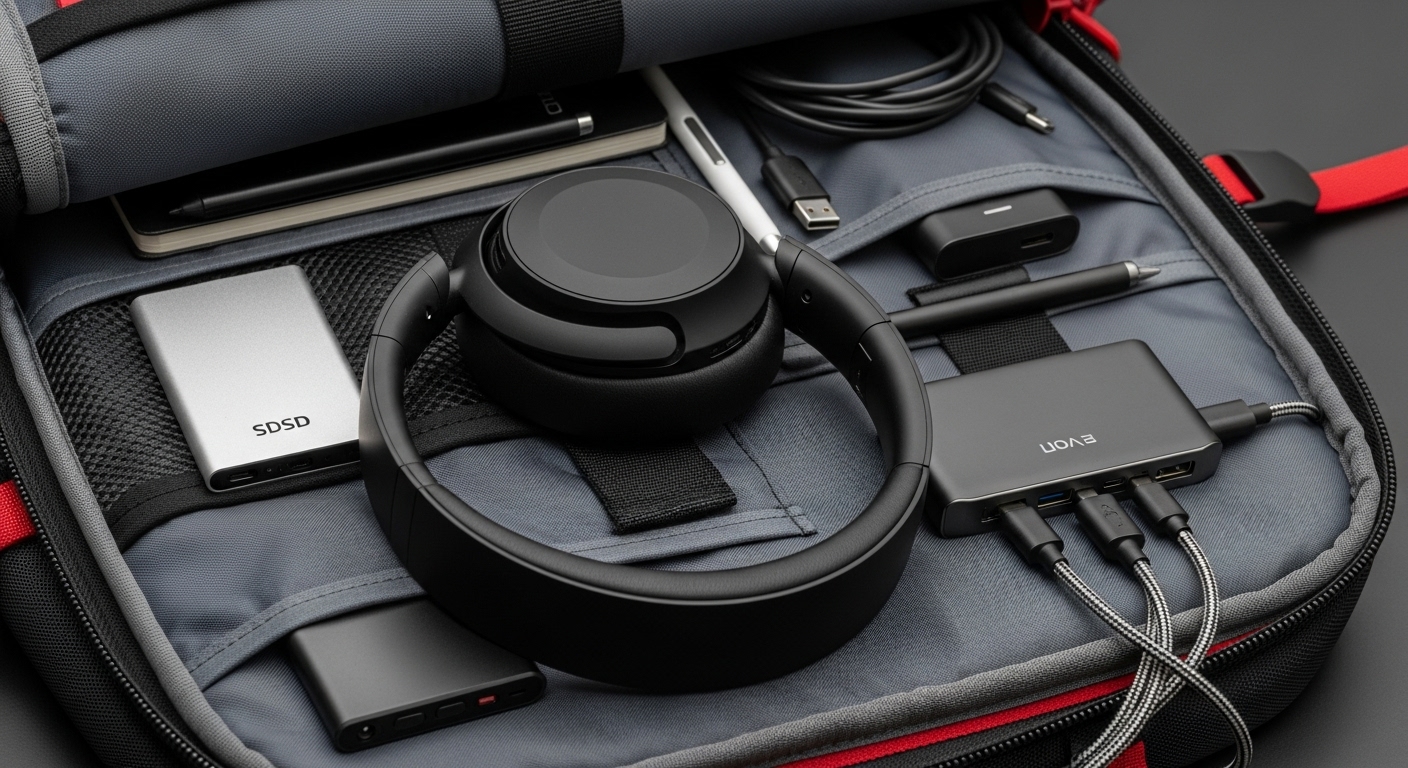 학생의 가방 안에 노이즈 캔슬링 헤드폰, 외장 SSD, 멀티 허브 등 다양한 IT 주변기기들이 정리되어 있다.