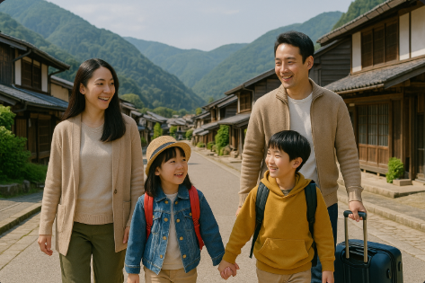 일본에서 영주권을 취득한 가정이 함께 일본 소도시로 여행하는 모습입니다.