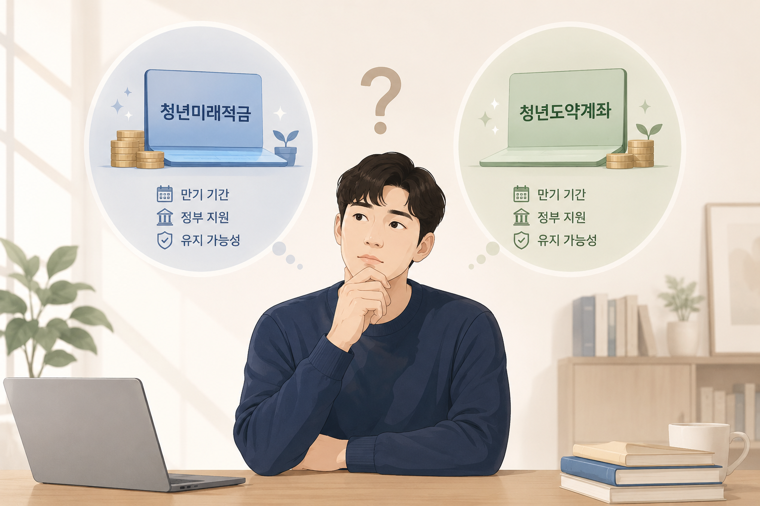 청년이 청년미래적금과 청년도약계좌를 비교하며 만기 기간, 정부 지원, 유지 가능성을 고민하는 일러스트