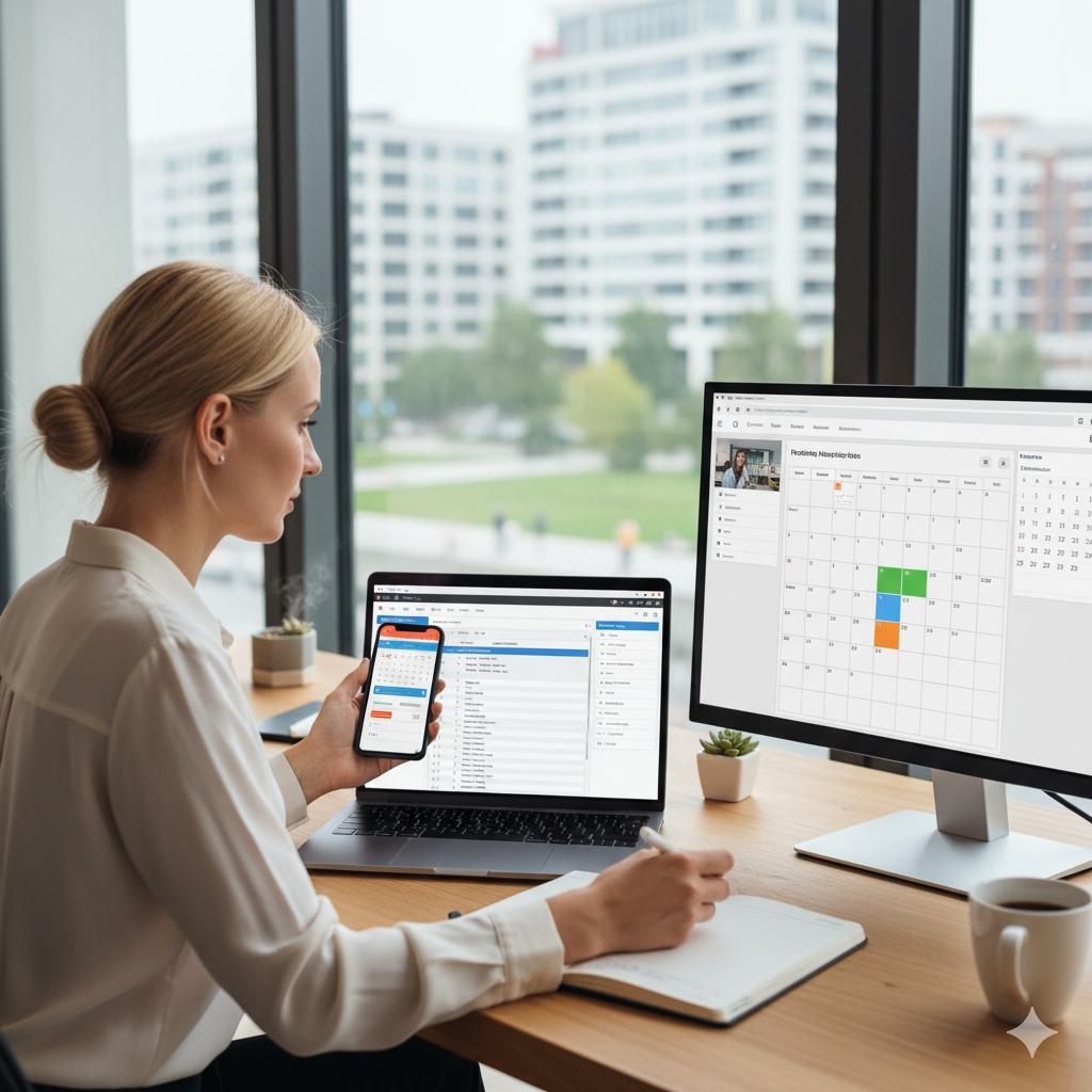 노트북과 스마트폰, 노션과 캘린더 화면을 함께 보며 스마트워킹루틴을 통해 효율도구를 활용하고 시간을 관리하는 직장인의 모습 (이미지 생성:google)