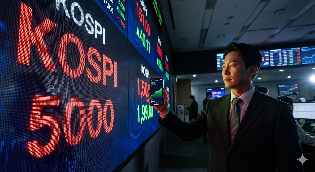 스피 5,000 돌파 전광판 앞에서 스마트폰으로 미국 주식 차트를 확인하는 투자자의 뒷모습