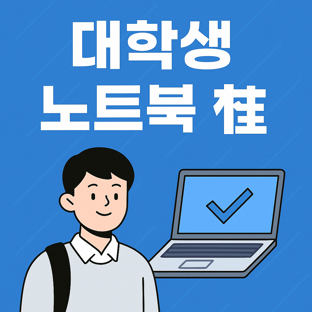 대학생 노트북 추천 일러스트 - 파란 배경에 체크 표시된 노트북과 가방 멘 남학생 이미지