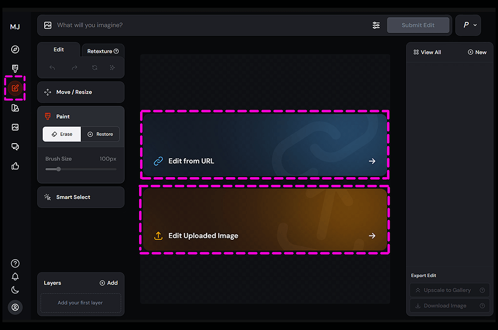 Midjourney Edit 기능에서 외부 URL 또는 업로드한 이미지를 불러와 편집하는 예시 화면_Midjourney