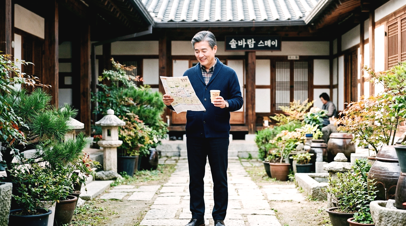 단정하고 세련된 50대 한국 남성이 한옥 대문 앞에 서서 있는 모습